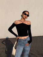 Women Long Sleeves Top - Front Cami Cross Halter Neck Knitted Off The Shoulder Ribbed Tops | Elegant Basic Fashion Piece