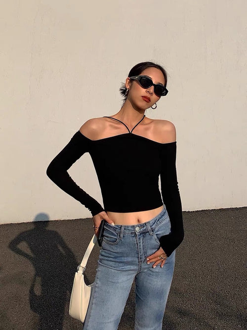 Women Long Sleeves Top - Front Cami Cross Halter Neck Knitted Off The Shoulder Ribbed Tops | Elegant Basic Fashion Piece