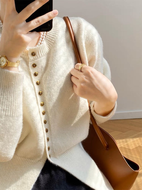 Women Elegant Round Neck Long Sleeves Top – Knitted Cotton w/ Closed Buttons Cardigan Tops | Classic Basic Fashion Piece