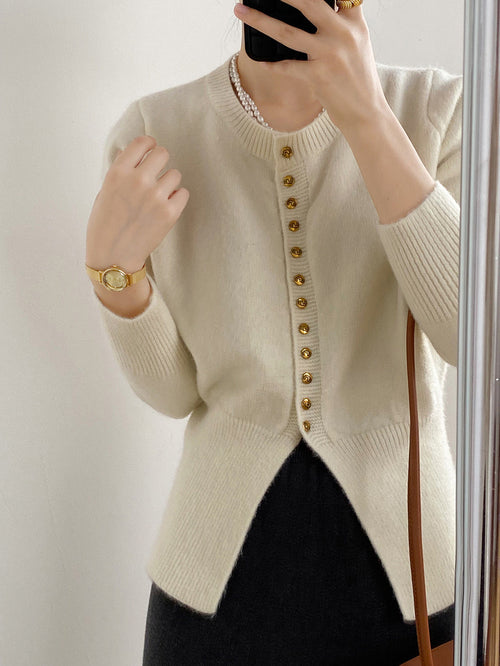 Women Elegant Round Neck Long Sleeves Top – Knitted Cotton w/ Closed Buttons Cardigan Tops | Classic Basic Fashion Piece