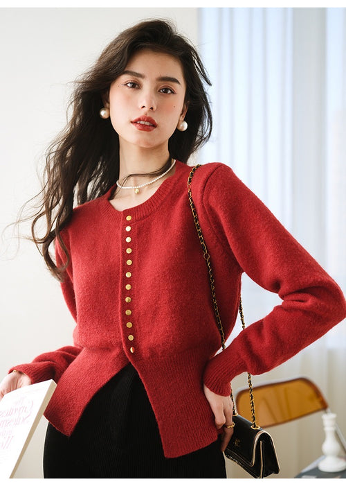Women Elegant Round Neck Long Sleeves Top – Knitted Cotton w/ Closed Buttons Cardigan Tops | Classic Basic Fashion Piece
