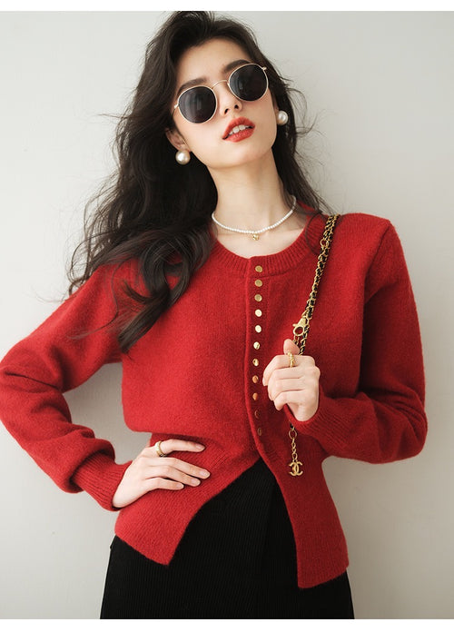 Women Elegant Round Neck Long Sleeves Top – Knitted Cotton w/ Closed Buttons Cardigan Tops | Classic Basic Fashion Piece
