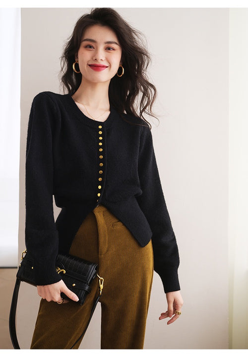 Women Elegant Round Neck Long Sleeves Top – Knitted Cotton w/ Closed Buttons Cardigan Tops | Classic Basic Fashion Piece