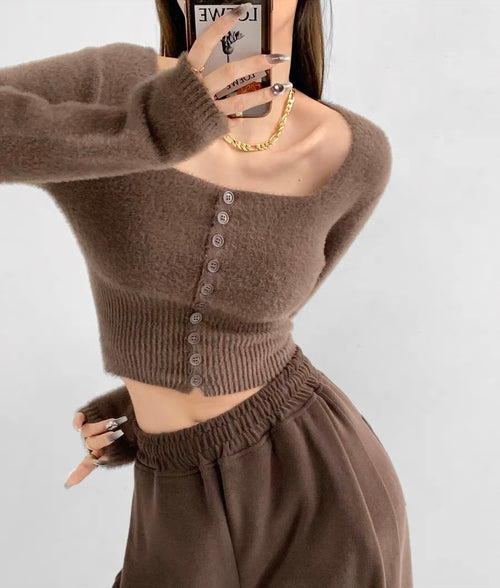 Elegant Square Neck Long Sleeves Crop Top – Knitted Cotton w/ Closed Buttons Tops | Classic Basic Fashion Piece
