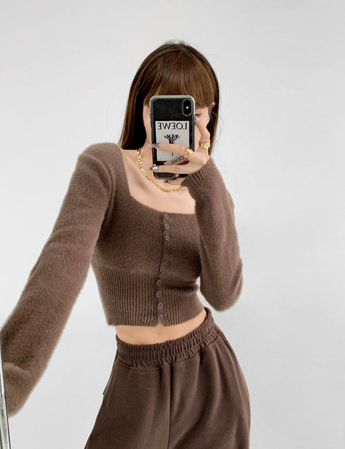 Elegant Square Neck Long Sleeves Crop Top – Knitted Cotton w/ Closed Buttons Tops | Classic Basic Fashion Piece