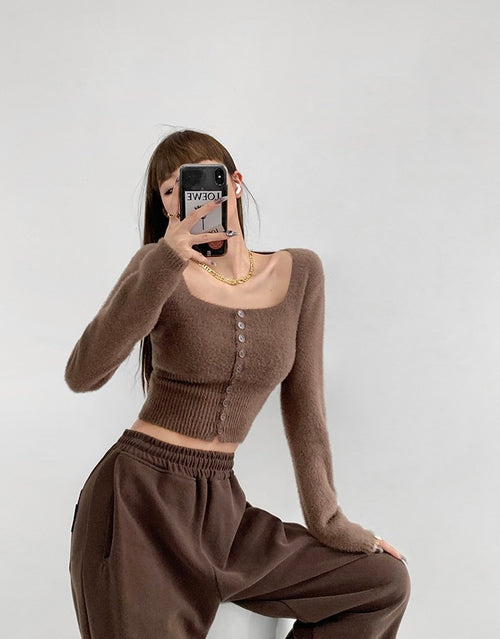 Elegant Square Neck Long Sleeves Crop Top – Knitted Cotton w/ Closed Buttons Tops | Classic Basic Fashion Piece