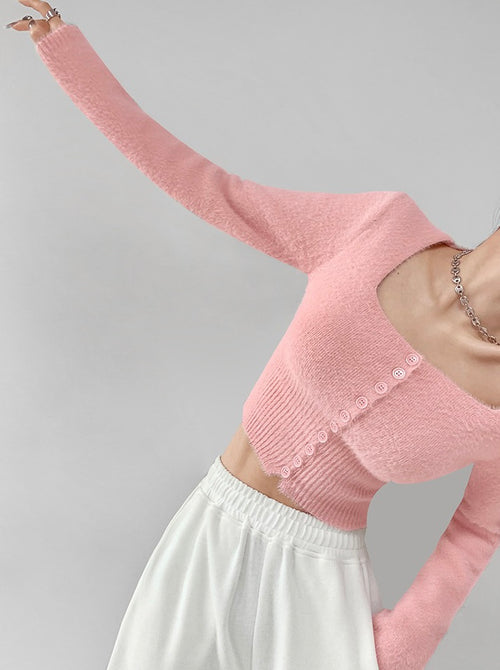 Elegant Square Neck Long Sleeves Crop Top – Knitted Cotton w/ Closed Buttons Tops | Classic Basic Fashion Piece