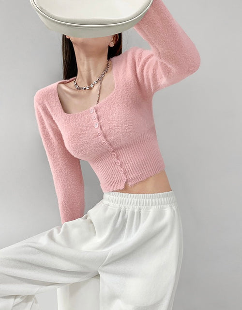 Elegant Square Neck Long Sleeves Crop Top – Knitted Cotton w/ Closed Buttons Tops | Classic Basic Fashion Piece