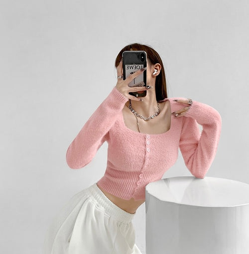 Elegant Square Neck Long Sleeves Crop Top – Knitted Cotton w/ Closed Buttons Tops | Classic Basic Fashion Piece