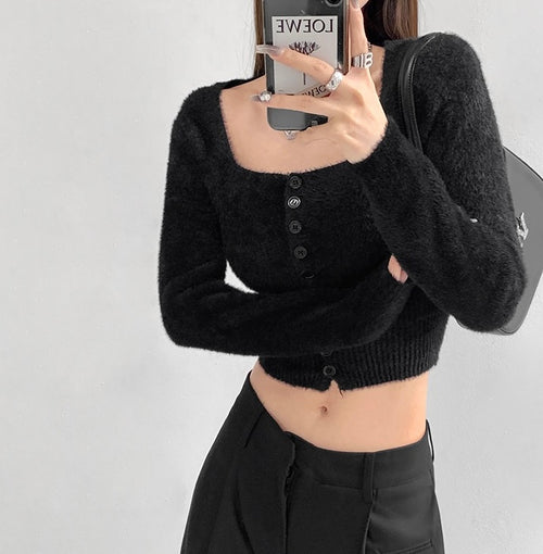 Elegant Square Neck Long Sleeves Crop Top – Knitted Cotton w/ Closed Buttons Tops | Classic Basic Fashion Piece