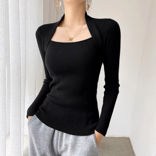 Elegant Square Neck Long Sleeves Top – Knitted Cotton Tops | Classic Basic Fashion Piece