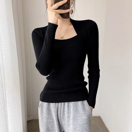 Elegant Square Neck Long Sleeves Top – Knitted Cotton Tops | Classic Basic Fashion Piece