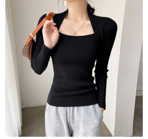 Elegant Square Neck Long Sleeves Top – Knitted Cotton Tops | Classic Basic Fashion Piece