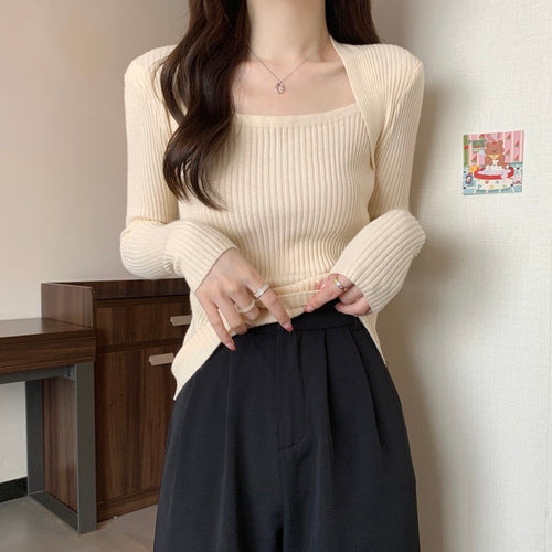 Elegant Square Neck Long Sleeves Top – Knitted Cotton Tops | Classic Basic Fashion Piece