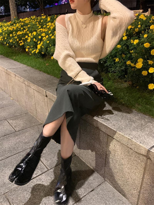 Elegant Off The Shoulder Long Sleeves Top – Knitted Cotton Tops | Classic Basic Fashion Piece
