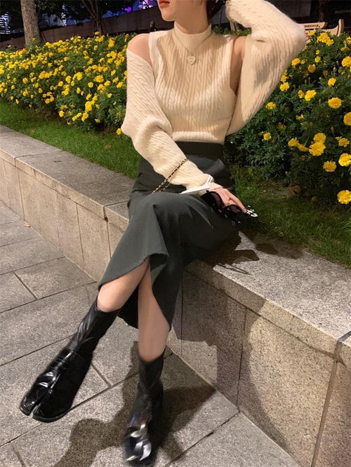 Elegant Off The Shoulder Long Sleeves Top – Knitted Cotton Tops | Classic Basic Fashion Piece
