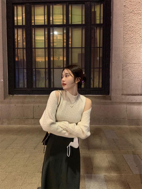 Elegant Off The Shoulder Long Sleeves Top – Knitted Cotton Tops | Classic Basic Fashion Piece