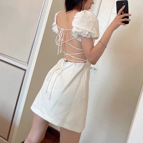 Elegant Women Puff Short Sleeves Mini Dress - Square Neck Cotton Midi Dress w/ Tie Back For Wedding & Casual Active