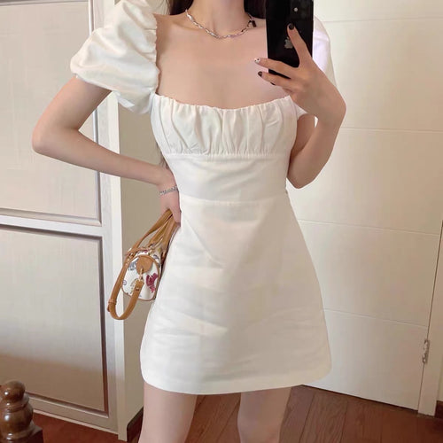 Elegant Women Puff Short Sleeves Mini Dress - Square Neck Cotton Midi Dress w/ Tie Back For Wedding & Casual Active