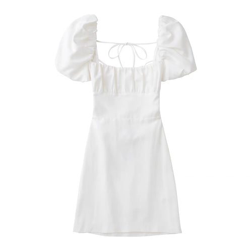 Elegant Women Puff Short Sleeves Mini Dress - Square Neck Cotton Midi Dress w/ Tie Back For Wedding & Casual Active