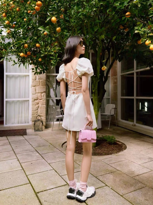 Elegant Women Puff Short Sleeves Mini Dress - Square Neck Cotton Midi Dress w/ Tie Back For Wedding & Casual Active