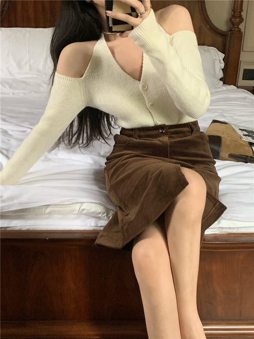 Chic V-neck Slim Long Sleeve Cardigan – Summer Knitted Stretchy Off The Shoulder Style Cotton | Elegant Basic Fashion Piece