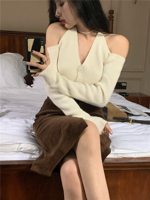 Chic V-neck Slim Long Sleeve Cardigan – Summer Knitted Stretchy Off The Shoulder Style Cotton | Elegant Basic Fashion Piece