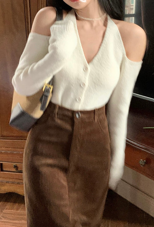 Chic V-neck Slim Long Sleeve Cardigan – Summer Knitted Stretchy Off The Shoulder Style Cotton | Elegant Basic Fashion Piece