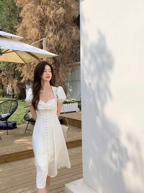 Women Smocked Puff Short Sleeves A-line Midi Dress - Square Neck Cut Out Cotton Midi Dress w/ buttons For Wedding & Casual