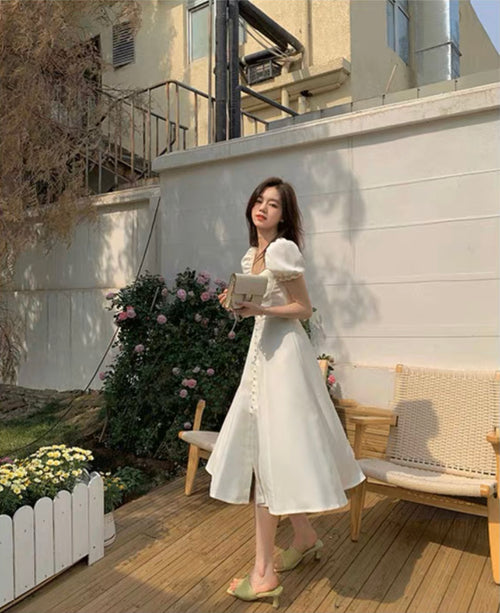 Women Smocked Puff Short Sleeves A-line Midi Dress - Square Neck Cut Out Cotton Midi Dress w/ buttons For Wedding & Casual