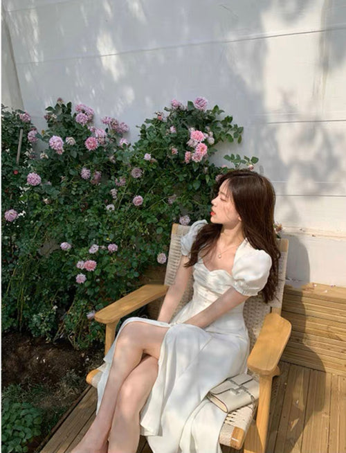 Women Smocked Puff Short Sleeves A-line Midi Dress - Square Neck Cut Out Cotton Midi Dress w/ buttons For Wedding & Casual