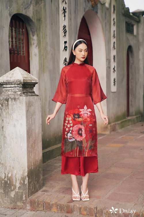 Elegant Floral Midi Dress in Shiny Silk - Embroidered Floral Dress Blouson Tunic Style for Casual | Wedding Guest Dress Ao Dai