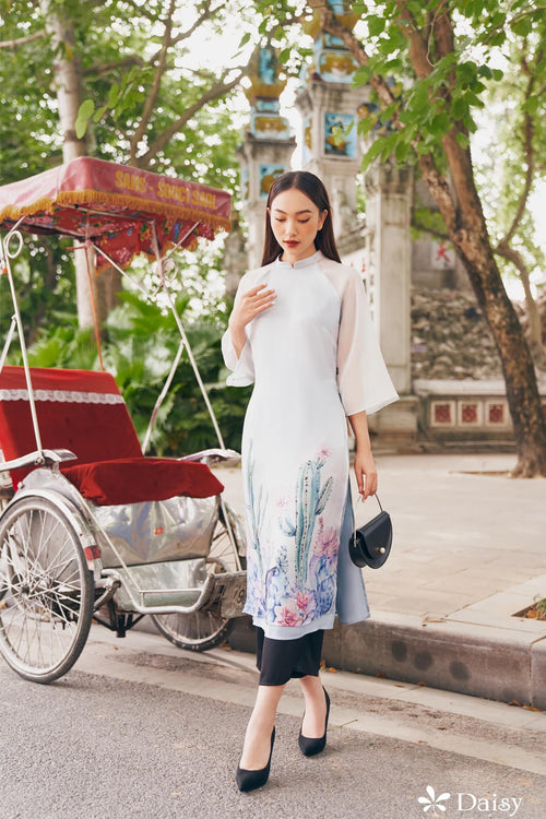 Elegant Floral Midi Dress in Shiny Silk - Embroidered Floral Cactus Dress Blouson Tunic Style for Casual | Midi Wedding Guest Dress Ao Dai