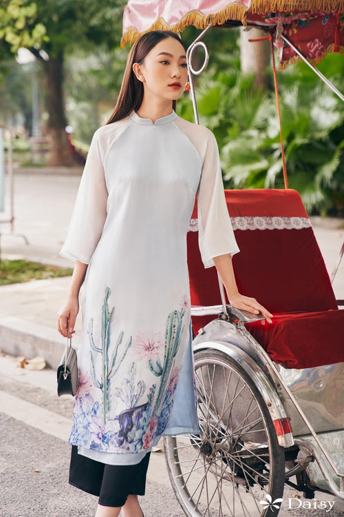 Elegant Floral Midi Dress in Shiny Silk - Embroidered Floral Cactus Dress Blouson Tunic Style for Casual | Midi Wedding Guest Dress Ao Dai