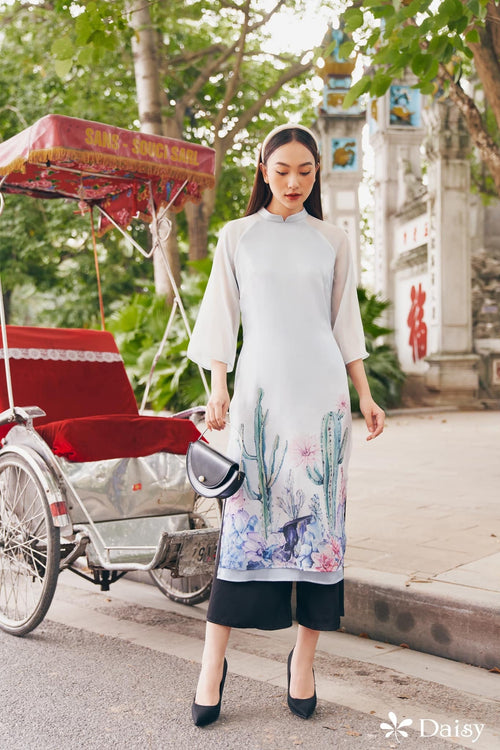 Elegant Floral Midi Dress in Shiny Silk - Embroidered Floral Cactus Dress Blouson Tunic Style for Casual | Midi Wedding Guest Dress Ao Dai