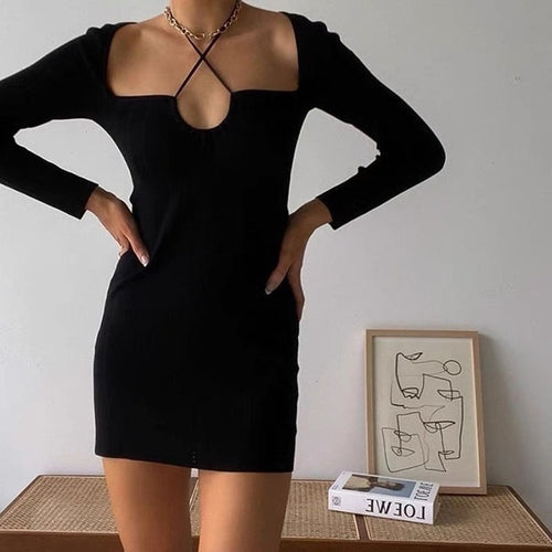 Chic Women Long Sleeve Dress - Stretchy Bodycon Style Cotton Mini Dress w/ Halter Neck | Elegant Basic Fashion Piece