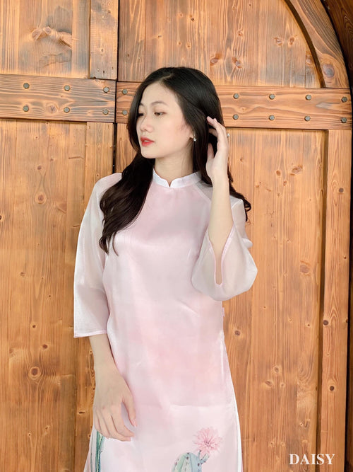 Elegant Floral Midi Dress in Shiny Silk - Embroidered Floral Cactus Dress Blouson Tunic Style for Casual | Midi Wedding Guest Dress Ao Dai