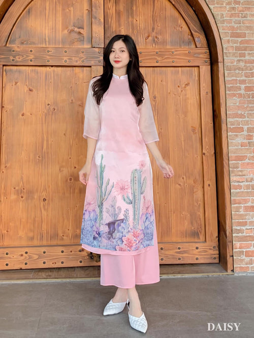 Elegant Floral Midi Dress in Shiny Silk - Embroidered Floral Cactus Dress Blouson Tunic Style for Casual | Midi Wedding Guest Dress Ao Dai