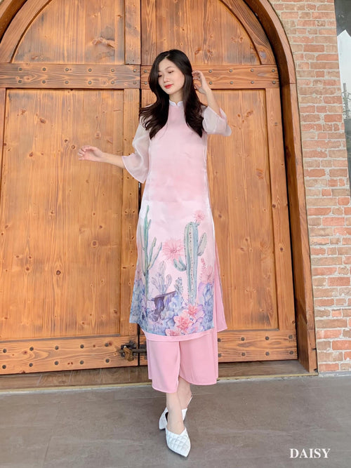 Elegant Floral Midi Dress in Shiny Silk - Embroidered Floral Cactus Dress Blouson Tunic Style for Casual | Midi Wedding Guest Dress Ao Dai