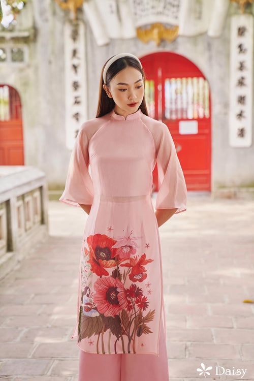Elegant Floral Midi Dress in Shiny Silk - Embroidered Floral Dress Blouson Tunic Style for Casual | Wedding Guest Dress Ao Dai