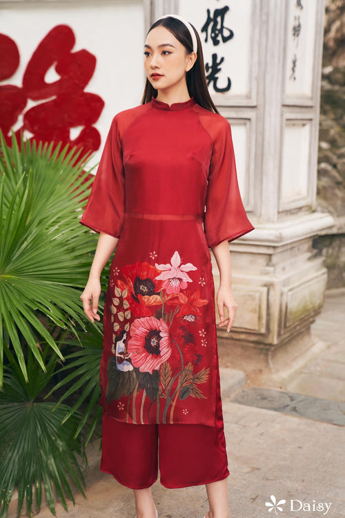 Elegant Floral Midi Dress in Shiny Silk - Embroidered Floral Dress Blouson Tunic Style for Casual | Wedding Guest Dress Ao Dai