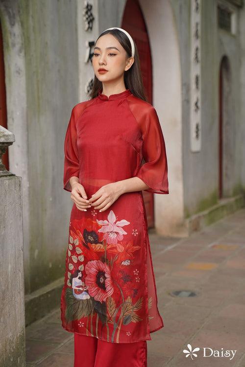 Elegant Floral Midi Dress in Shiny Silk - Embroidered Floral Dress Blouson Tunic Style for Casual | Wedding Guest Dress Ao Dai