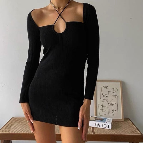 Chic Women Long Sleeve Dress - Stretchy Bodycon Style Cotton Mini Dress w/ Halter Neck | Elegant Basic Fashion Piece