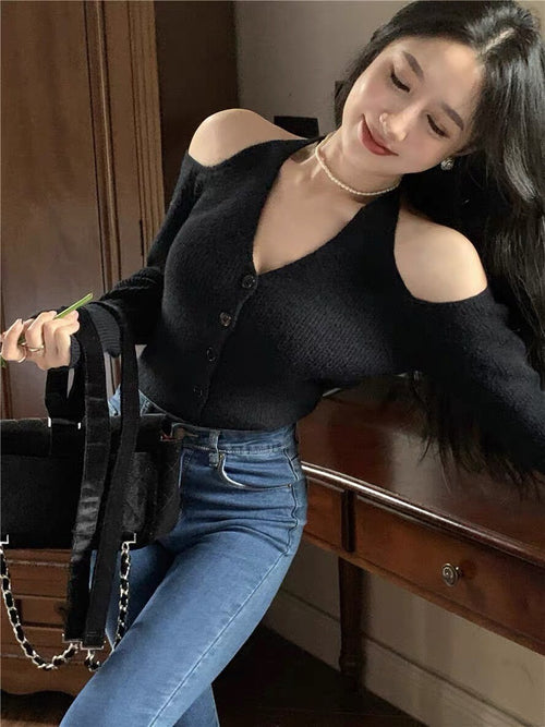 Chic V-neck Slim Long Sleeve Cardigan – Summer Knitted Stretchy Off The Shoulder Style Cotton | Elegant Basic Fashion Piece