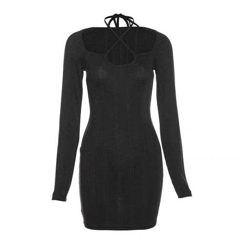 Chic Women Long Sleeve Dress - Stretchy Bodycon Style Cotton Mini Dress w/ Halter Neck | Elegant Basic Fashion Piece