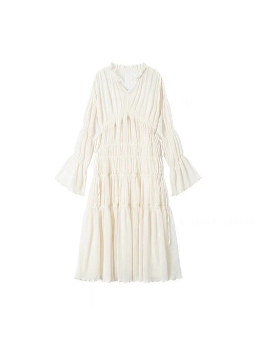 Elegant Chic Women Puff Long Sleeves Midi Dress - V Neck Muse Voile Fabric Occasion Wedding Midi Dress | Elegant Basic Fashion