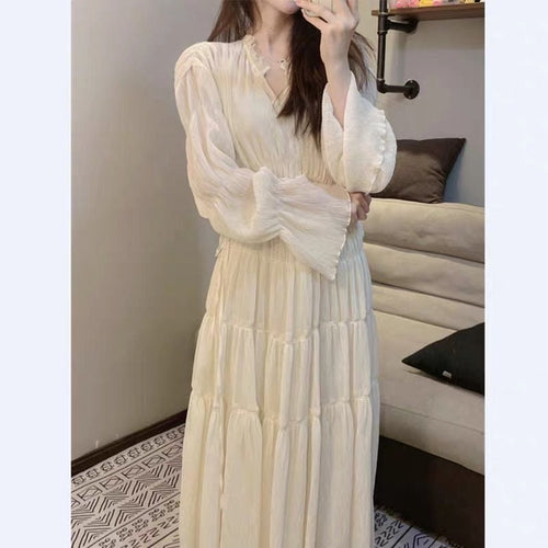 Elegant Chic Women Puff Long Sleeves Midi Dress - V Neck Muse Voile Fabric Occasion Wedding Midi Dress | Elegant Basic Fashion