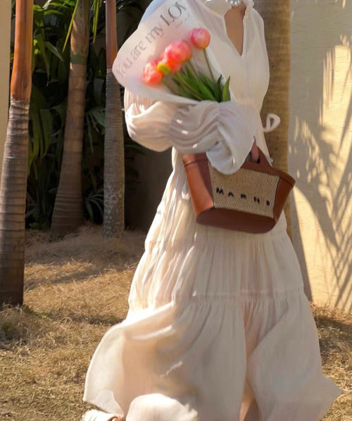 Elegant Chic Women Puff Long Sleeves Midi Dress - V Neck Muse Voile Fabric Occasion Wedding Midi Dress | Elegant Basic Fashion