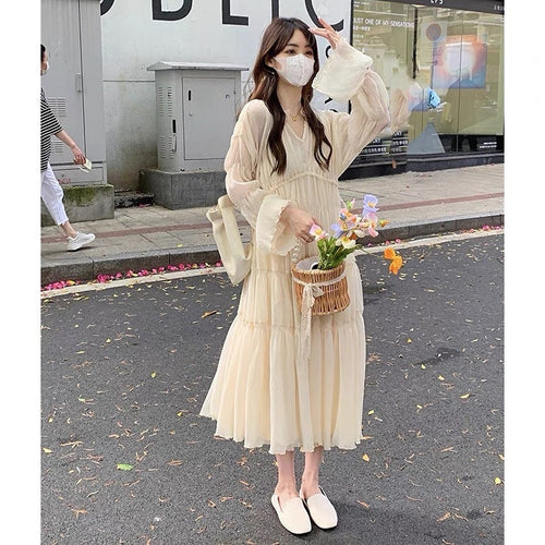 Elegant Chic Women Puff Long Sleeves Midi Dress - V Neck Muse Voile Fabric Occasion Wedding Midi Dress | Elegant Basic Fashion
