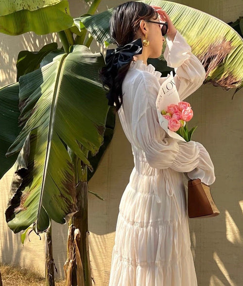 Elegant Chic Women Puff Long Sleeves Midi Dress - V Neck Muse Voile Fabric Occasion Wedding Midi Dress | Elegant Basic Fashion